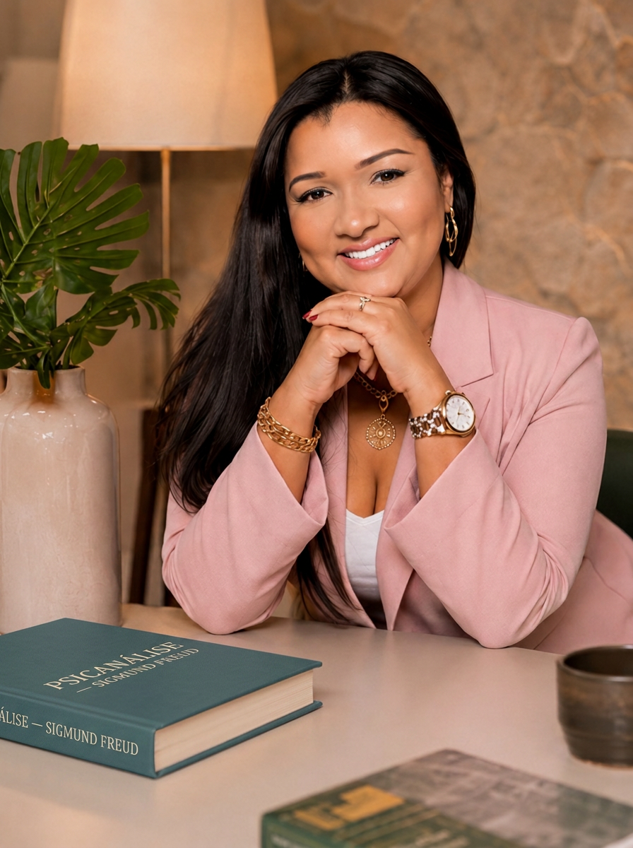 Erika Reis apoiada sobre a mesa de seu consultório, ao lado de livros de psicologia
